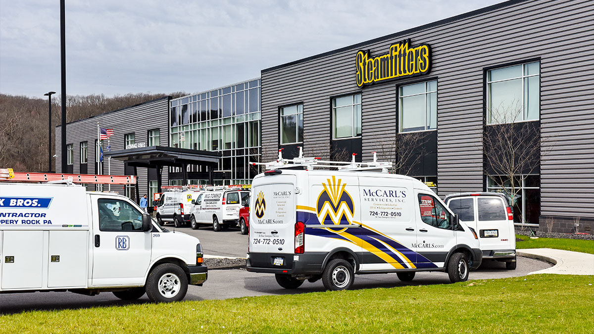 Contractor Vans in front of Steamfitters Technology Center